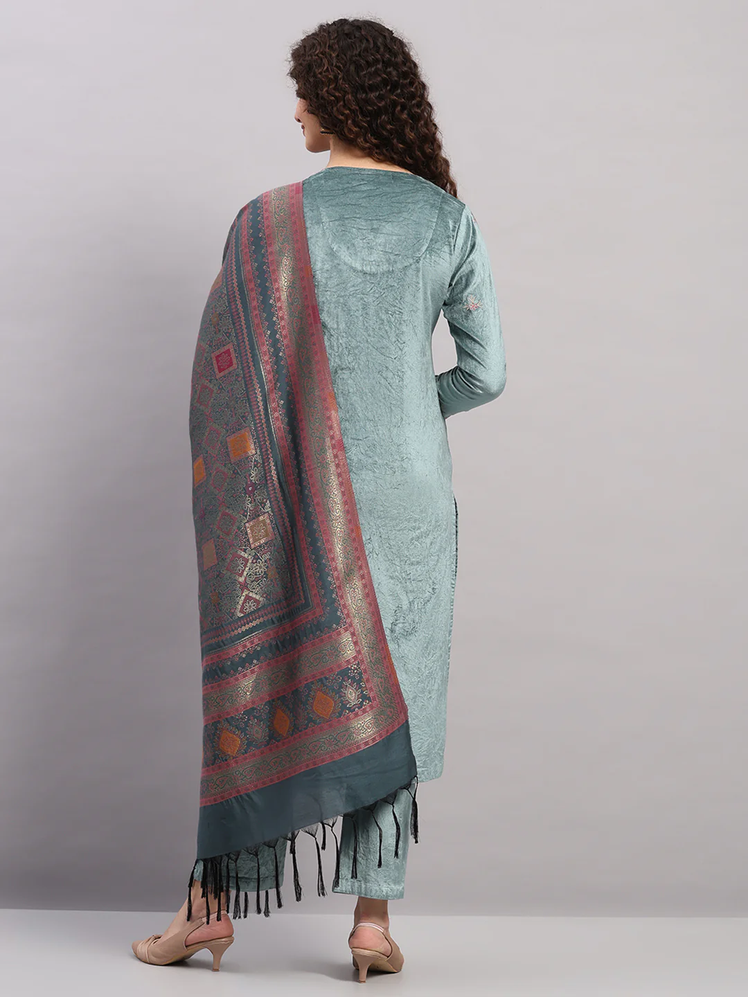 Women Blue Printed Round Neck Full Sleeve 3 Pc Kurti Set for Winter - Image 5