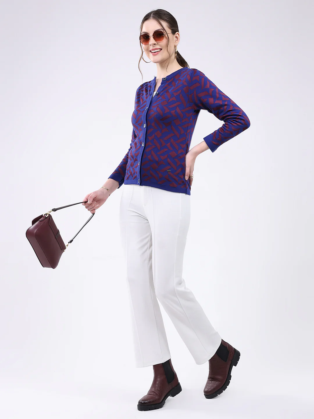 Women Blue Printed Round Neck Full Sleeve Cardigan - Image 2