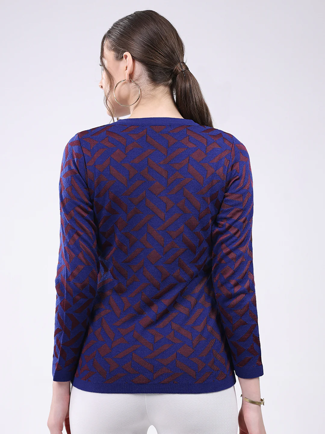 Women Blue Printed Round Neck Full Sleeve Cardigan - Image 5