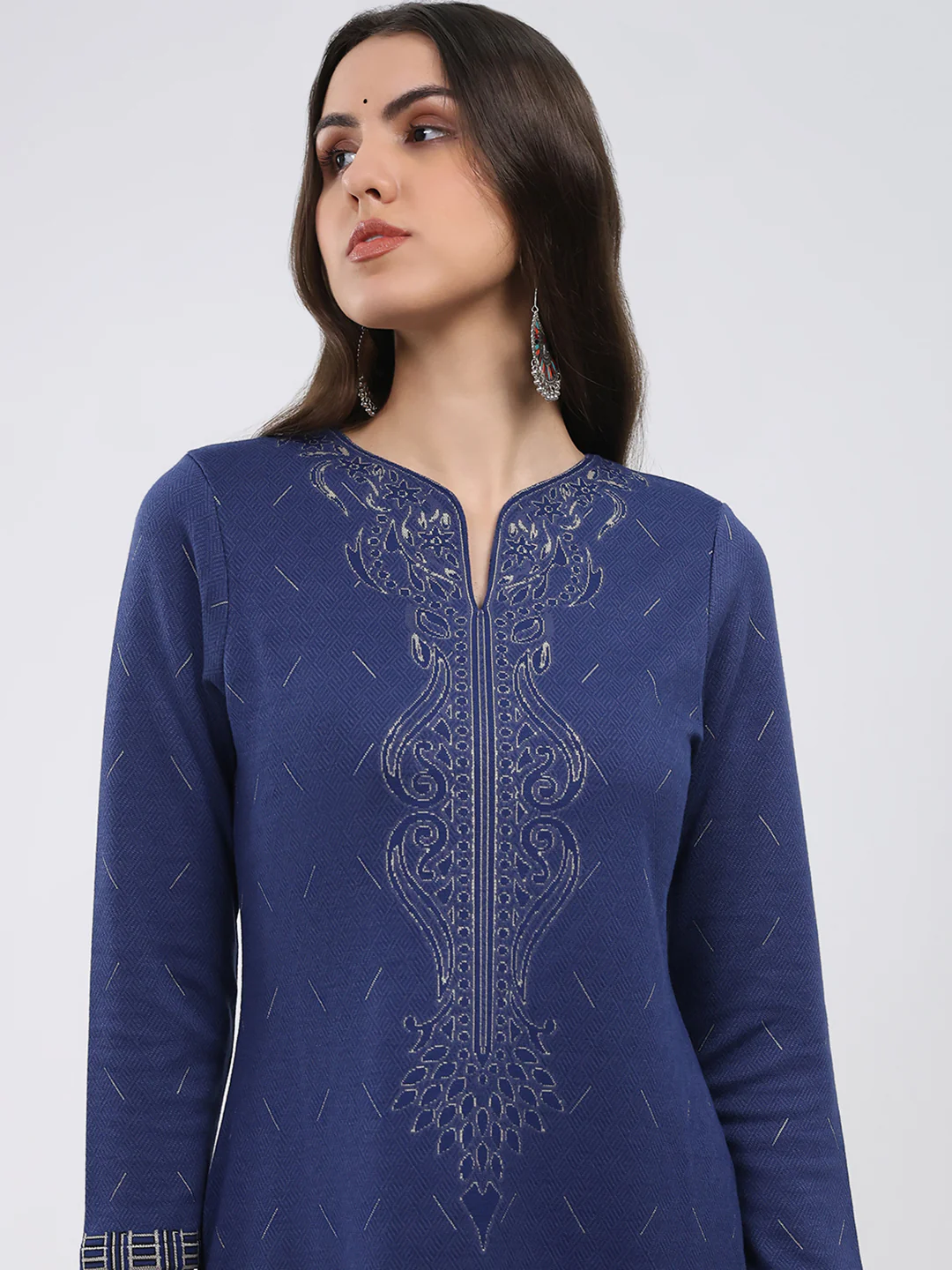 Women Blue Printed Round Neck Full Sleeve Kurti Set for Winter - Image 6