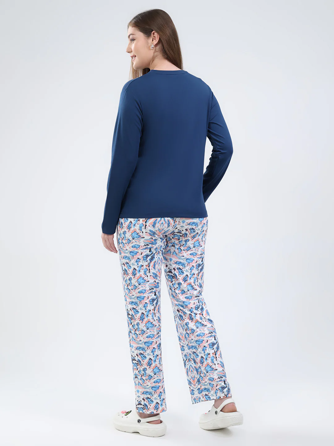 Women Blue Printed Round Neck Full Sleeve Lower Set - Image 5
