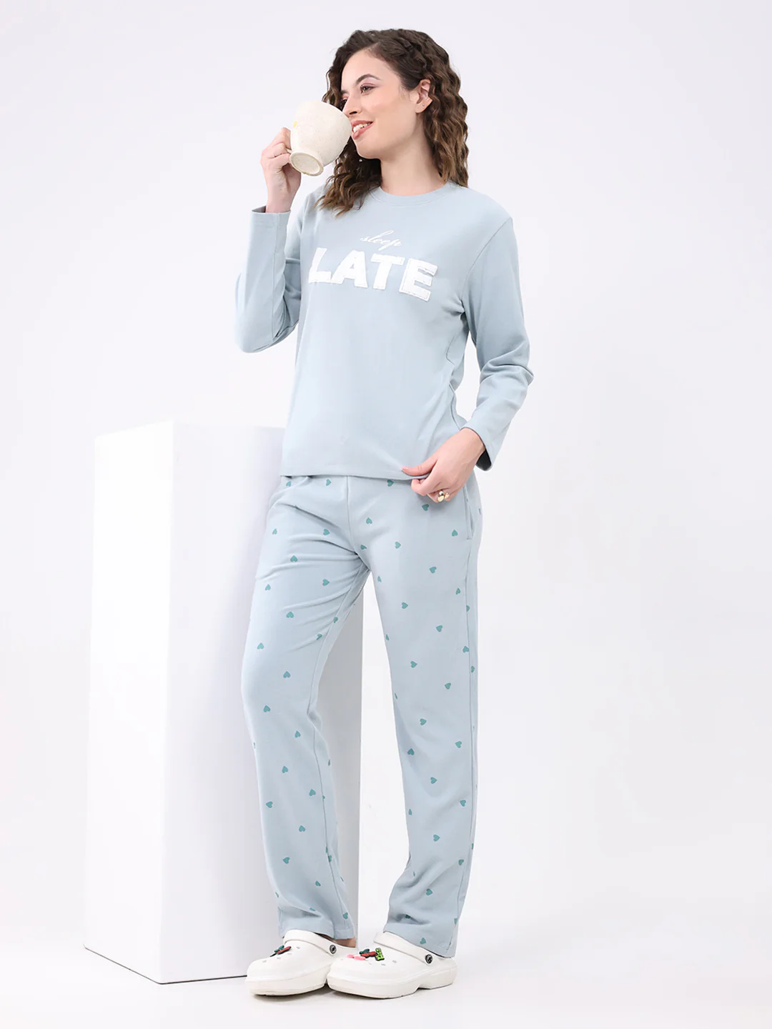 Women Blue Printed Round Neck Full Sleeve Lower Set - Image 2