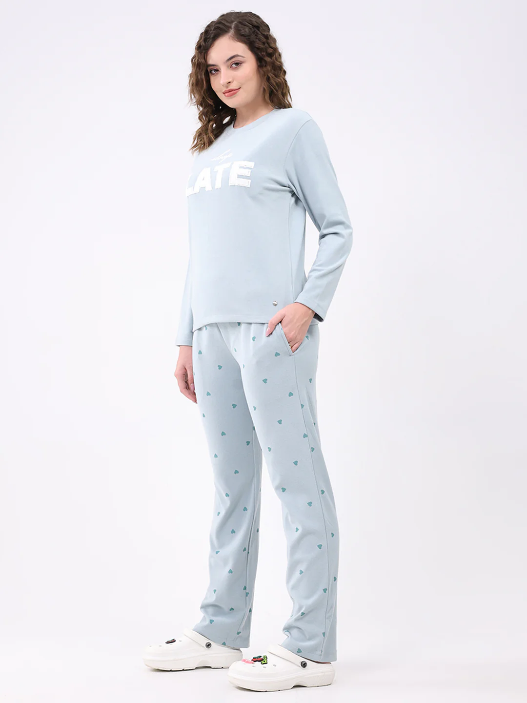 Women Blue Printed Round Neck Full Sleeve Lower Set - Image 3