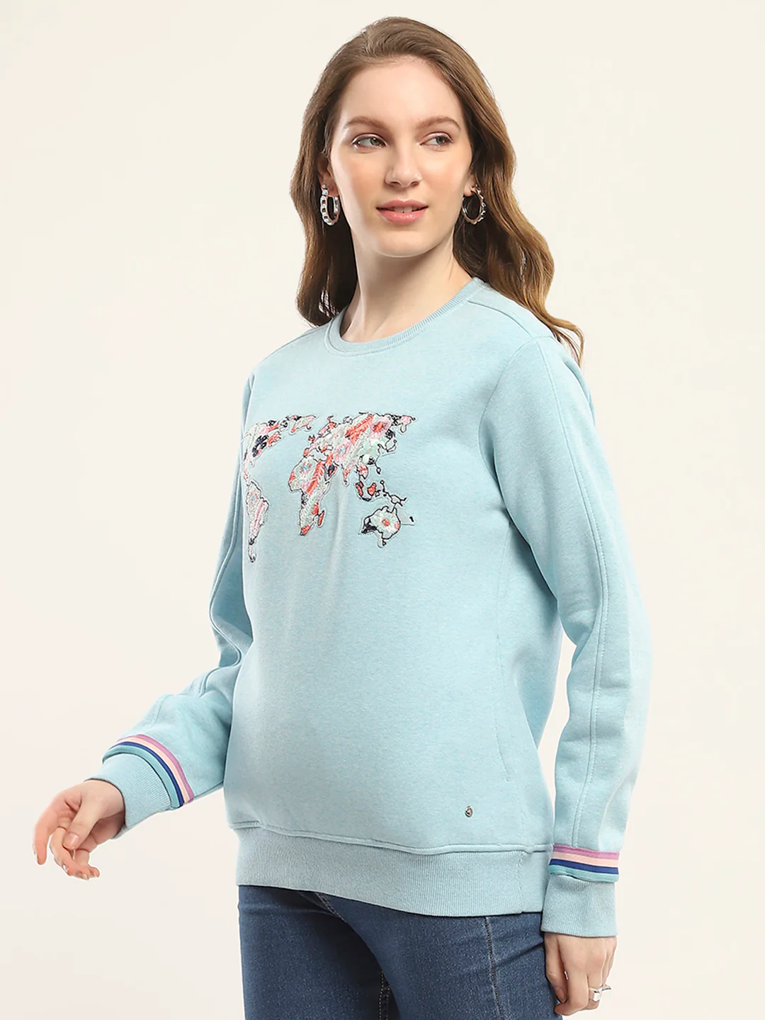 Women Blue Printed Round Neck Full Sleeve Sweatshirt - Image 3