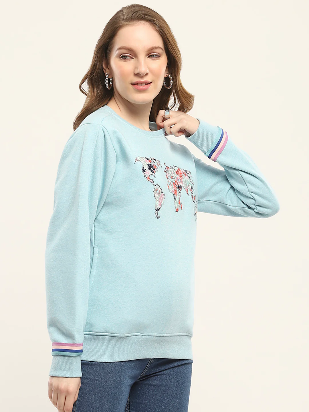 Women Blue Printed Round Neck Full Sleeve Sweatshirt - Image 4