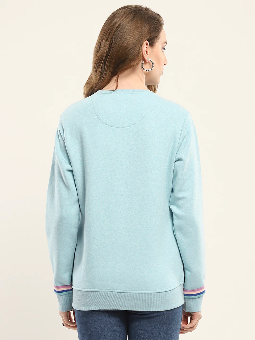 Women Blue Printed Round Neck Full Sleeve Sweatshirt - Image 5