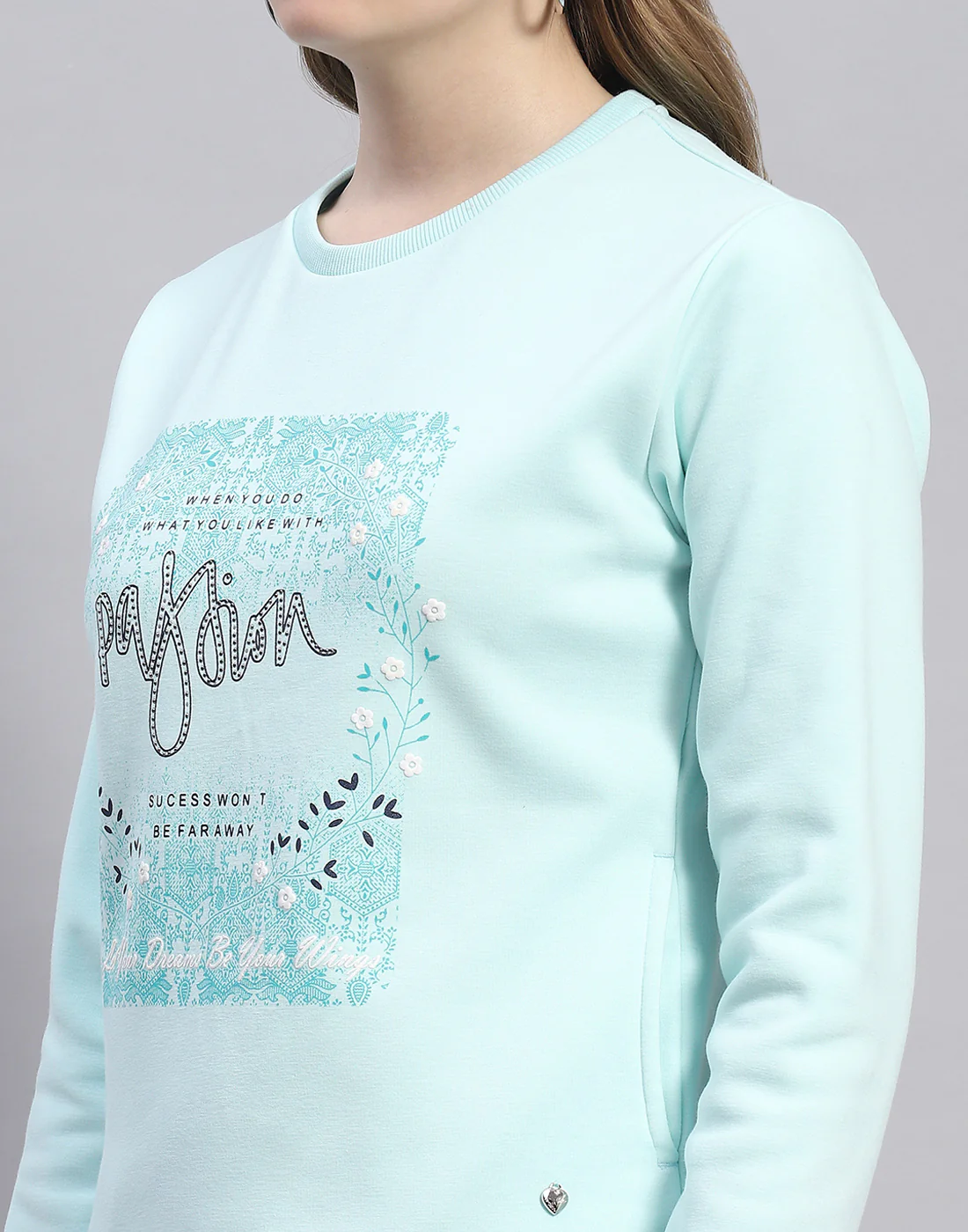 Women Blue Printed Round Neck Full Sleeve Sweatshirt - Image 7
