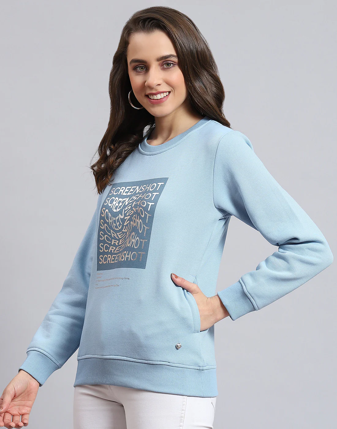 Women Blue Printed Round Neck Full Sleeve Sweatshirt - Image 4