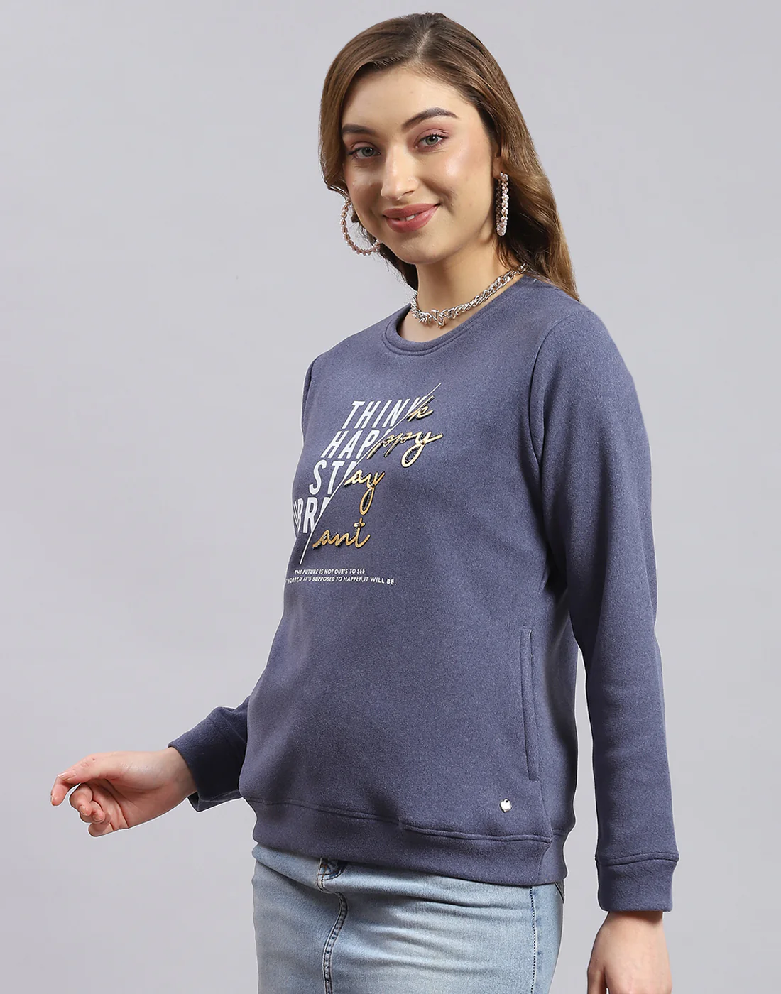 Women Blue Printed Round Neck Full Sleeve Sweatshirt - Image 4