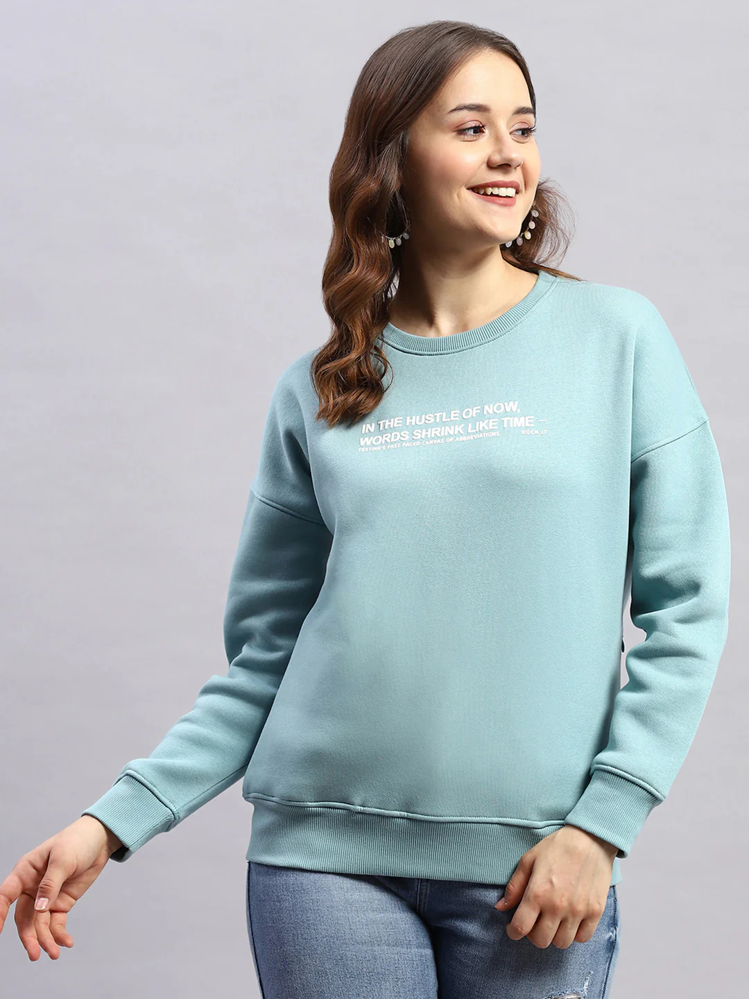 Rock.it Women Blue Printed Round Neck Full Sleeve Sweatshirt - Image 2