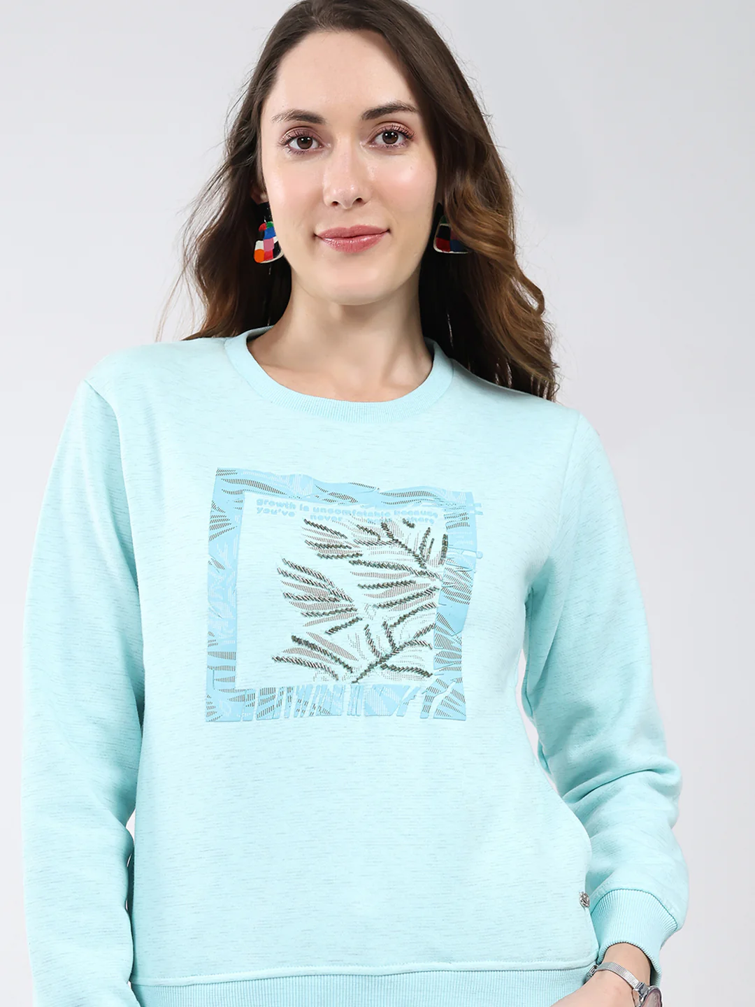 Women Blue Printed Round Neck Full Sleeve Sweatshirt - Image 7