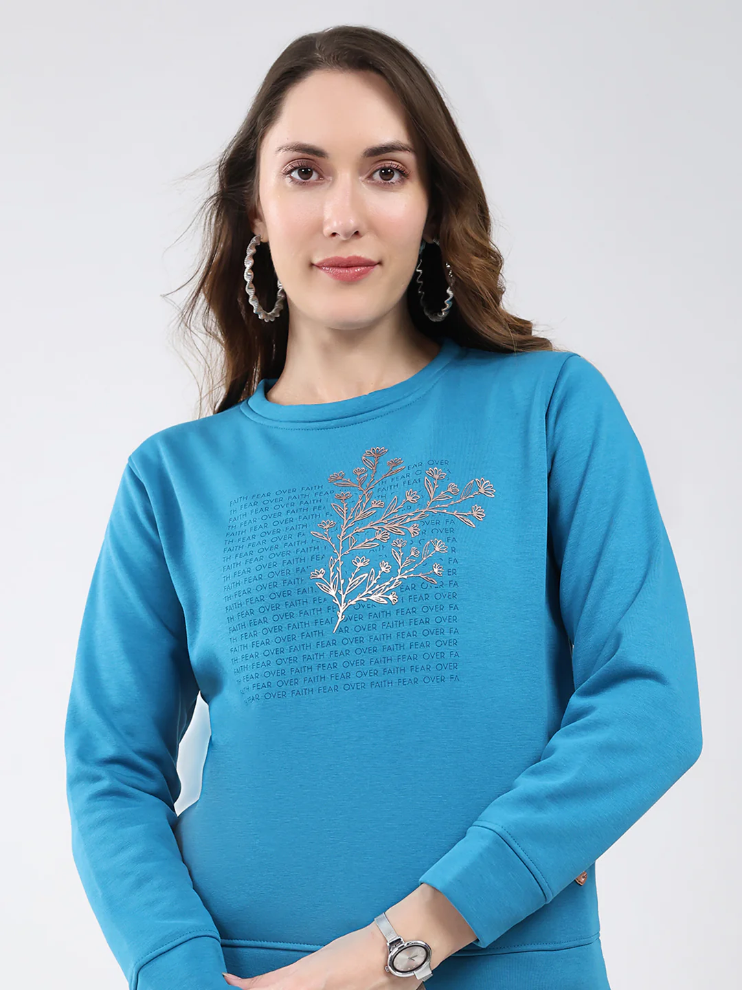 Women Blue Printed Round Neck Full Sleeve Sweatshirt - Image 7