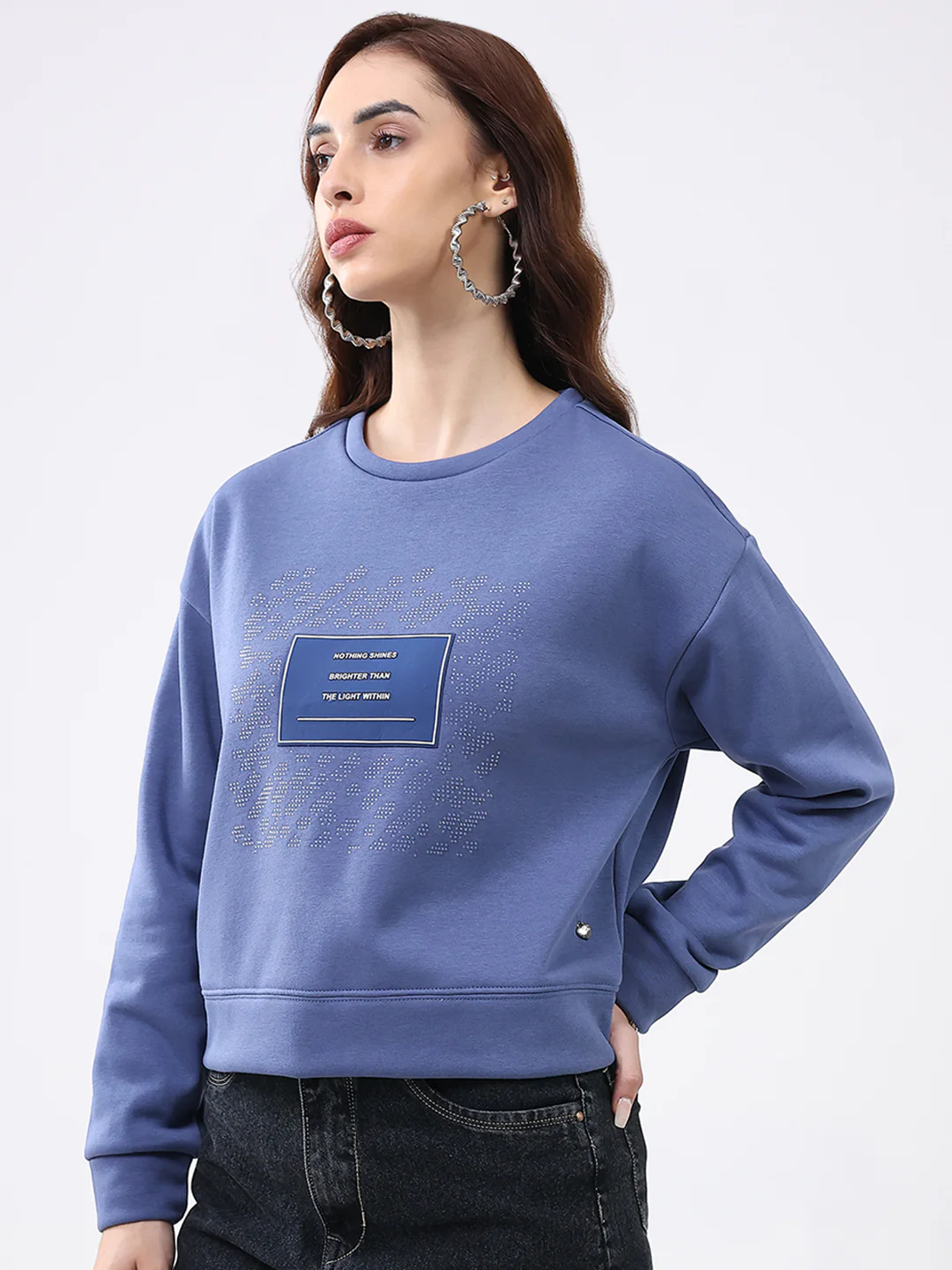 Women Blue Printed Round Neck Full Sleeve Sweatshirt - Image 3