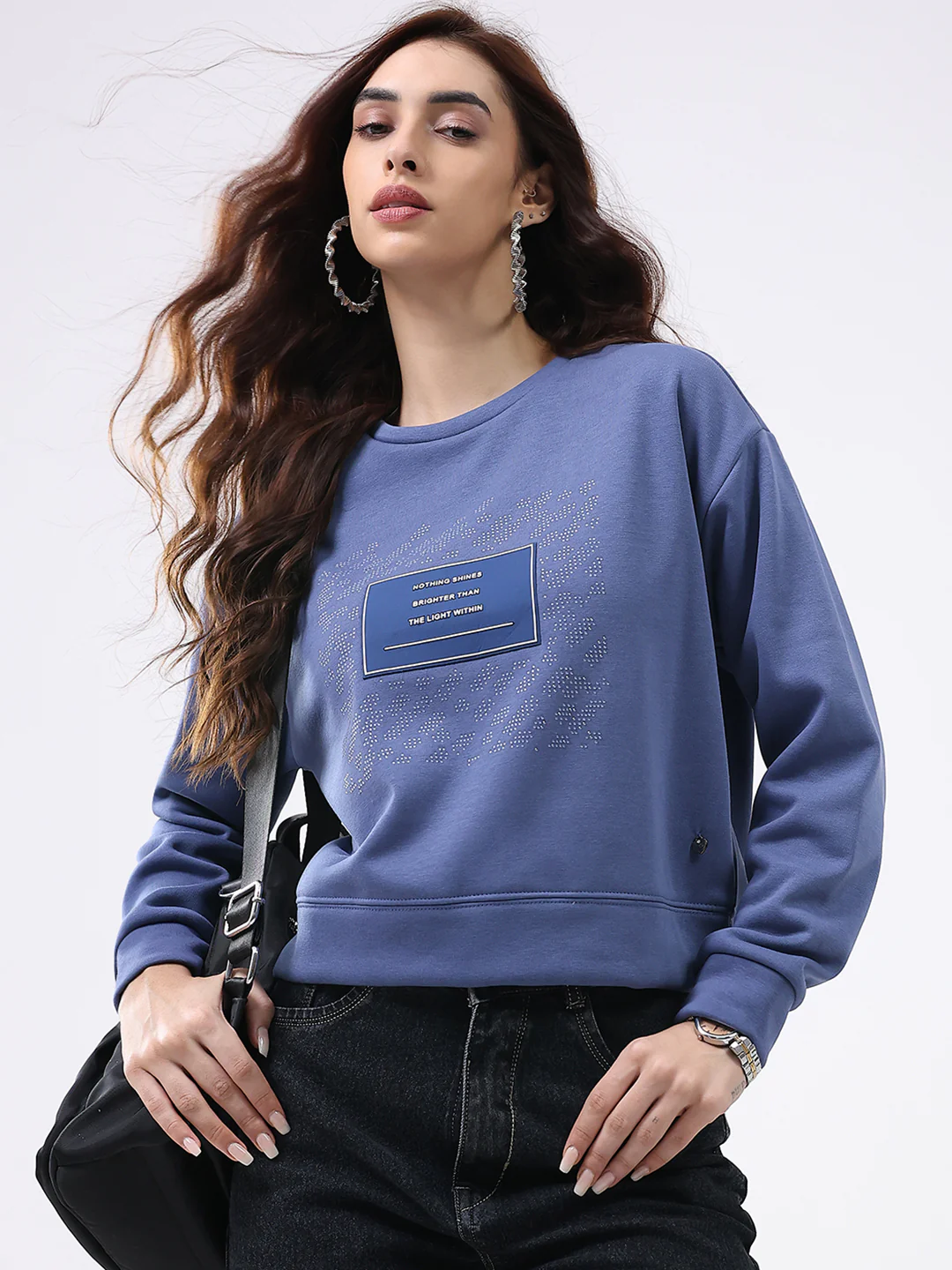 Women Blue Printed Round Neck Full Sleeve Sweatshirt - Image 6