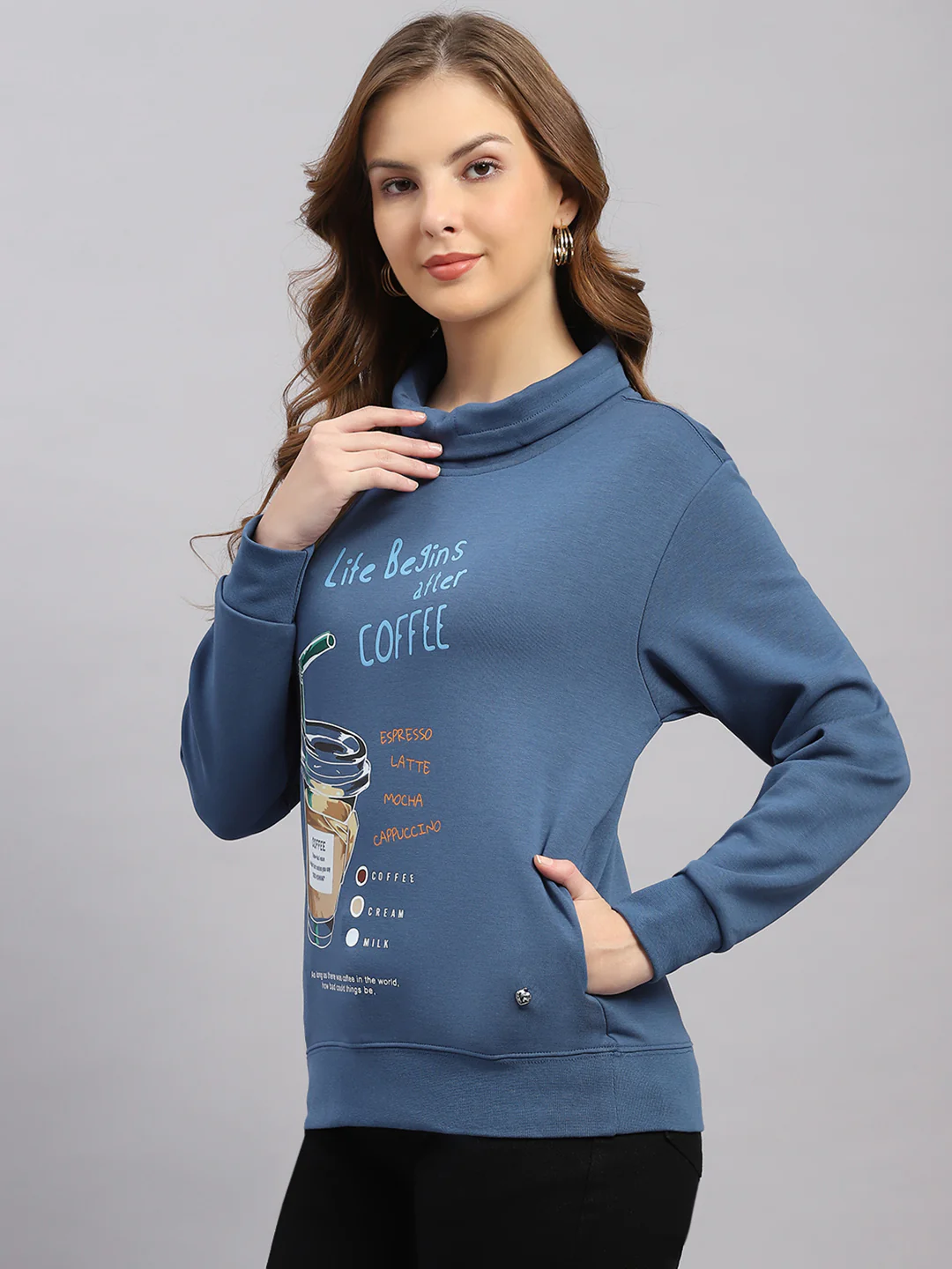 Women Blue Printed Round Neck Full Sleeve Sweatshirt - Image 3