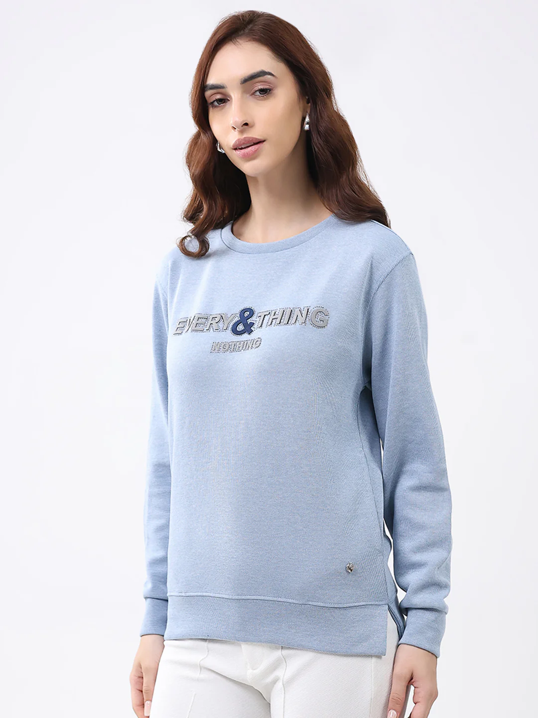 Women Blue Printed Round Neck Full Sleeve Winter Top - Image 3