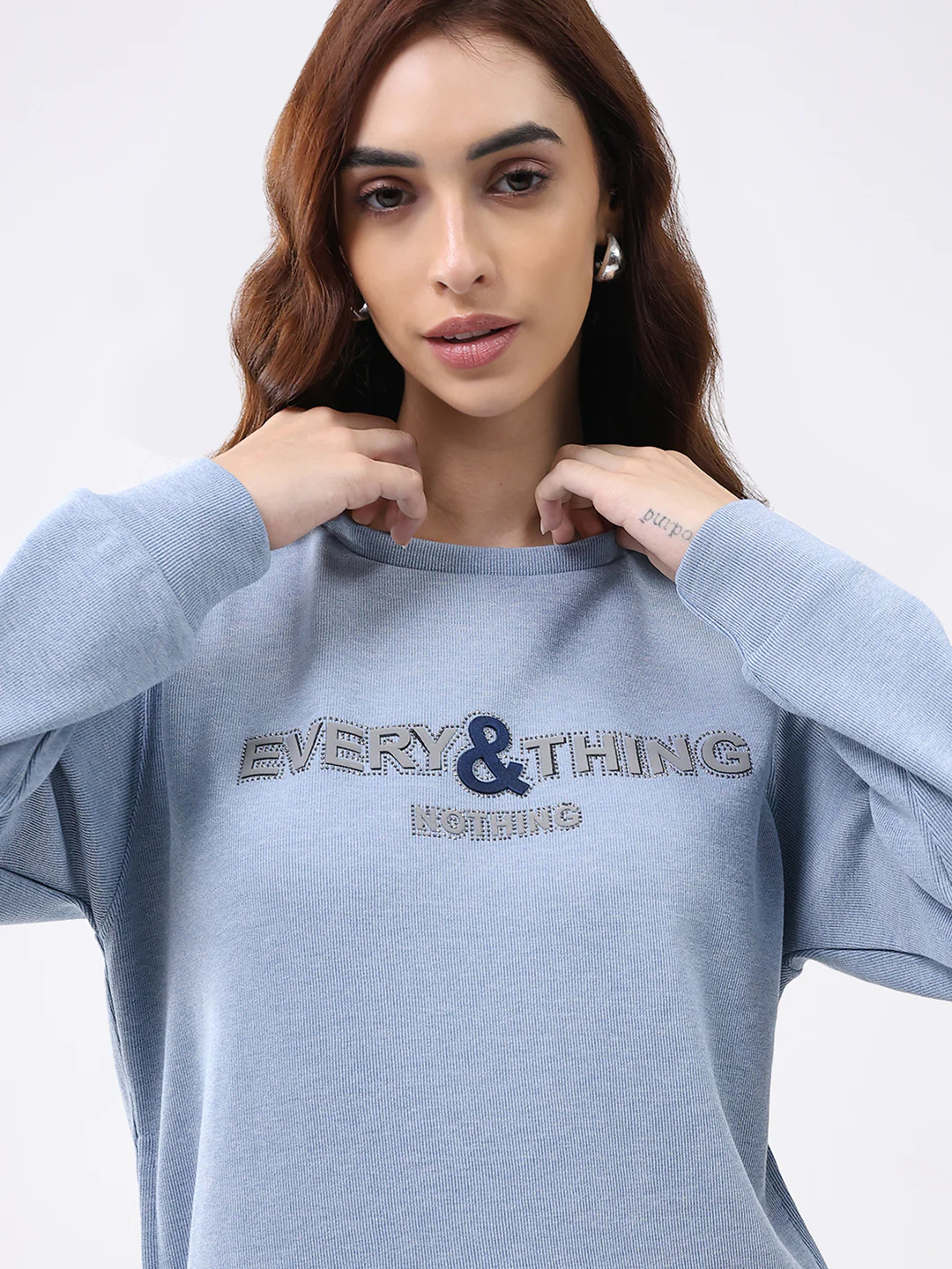 Women Blue Printed Round Neck Full Sleeve Winter Top - Image 6
