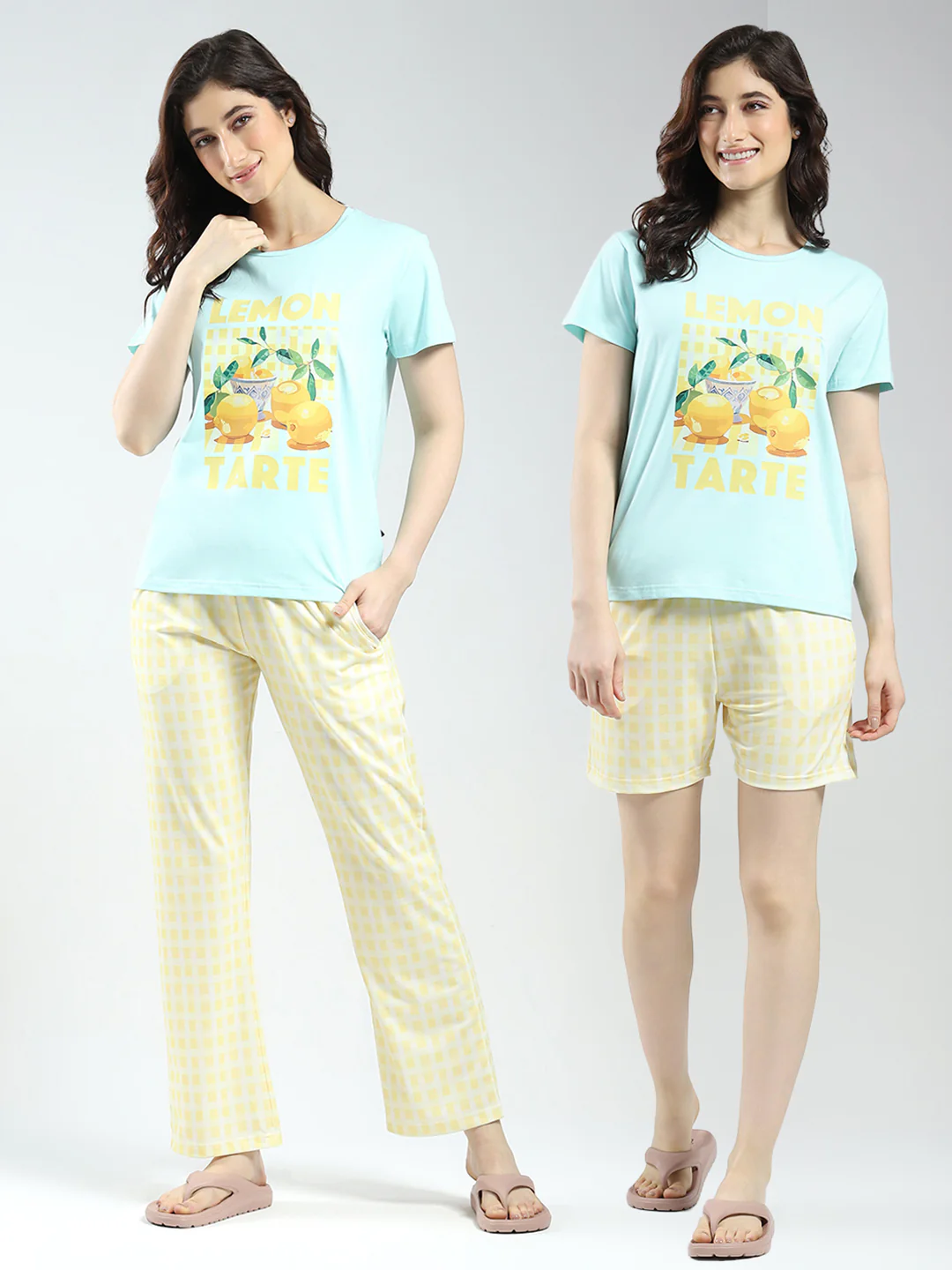 Women Blue Printed Round Neck Half Sleeve Combo 3Pc Set (T-Shirt, Shorts & Lower)