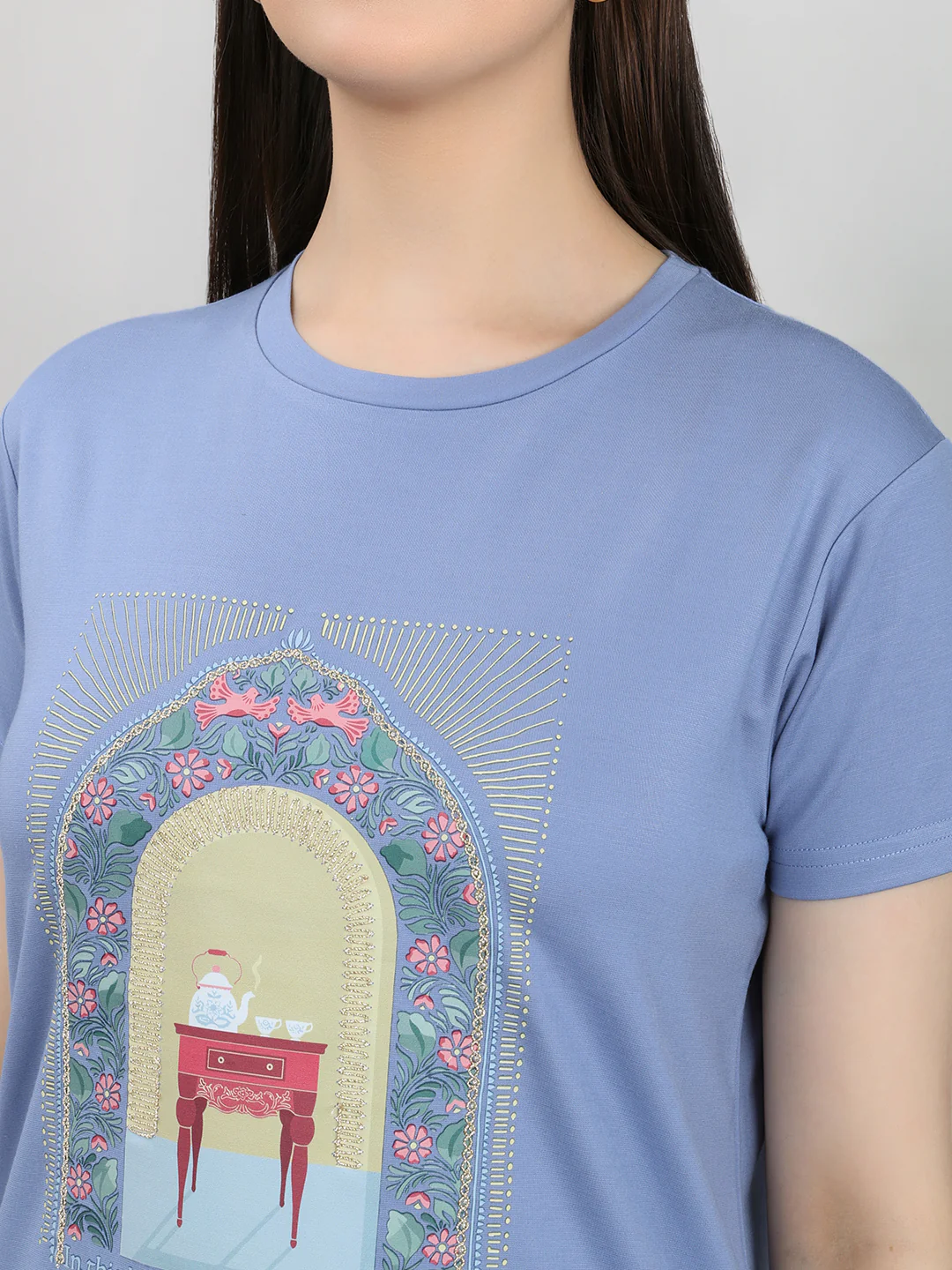 Women Blue Printed Round Neck Half Sleeve Lower Set - Image 4