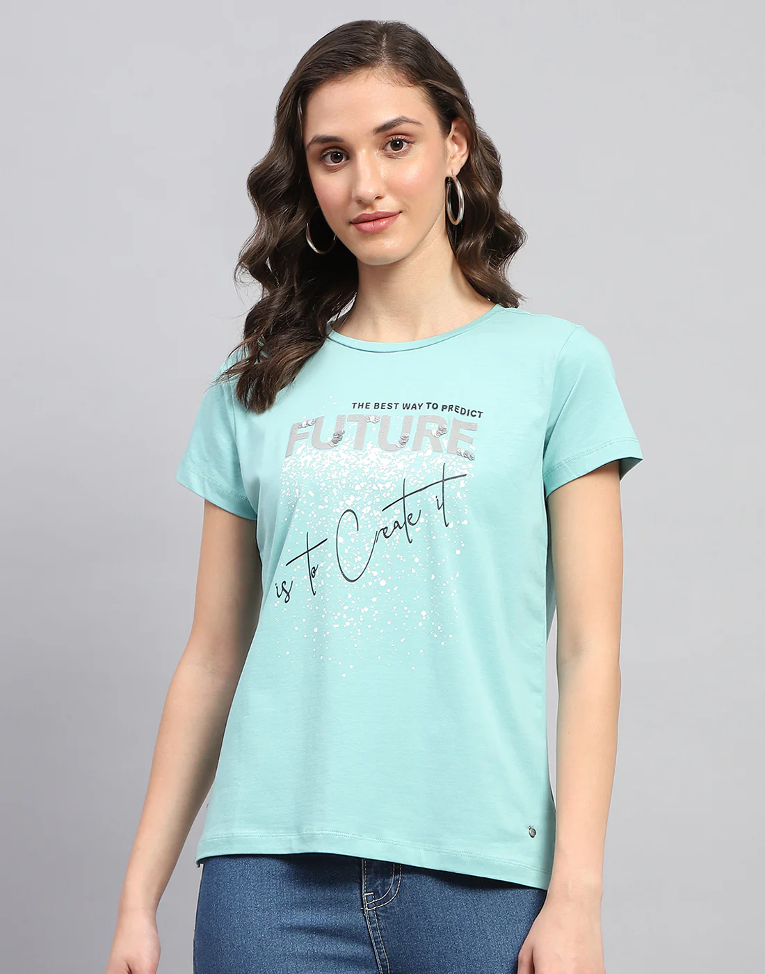 Women Blue Printed Round Neck Half Sleeve Top - Image 2
