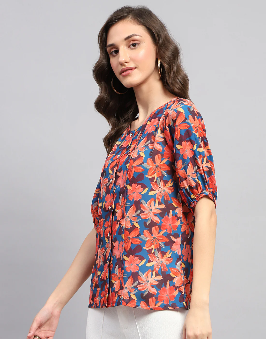 Women Blue Printed Round Neck Half Sleeve Top - Image 3