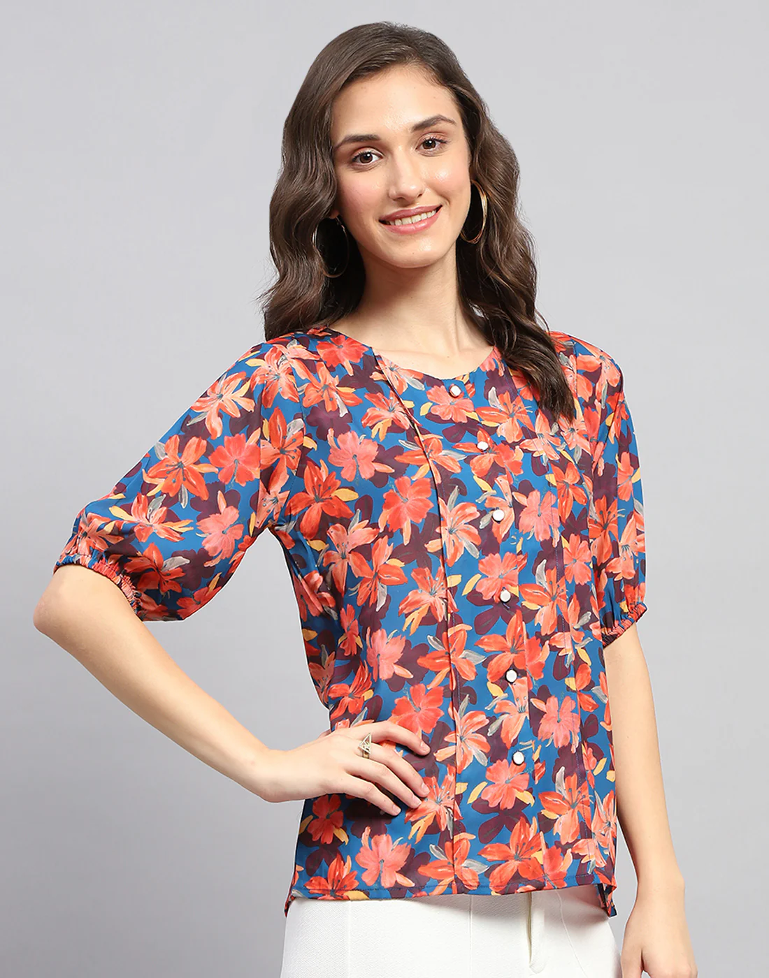 Women Blue Printed Round Neck Half Sleeve Top - Image 4