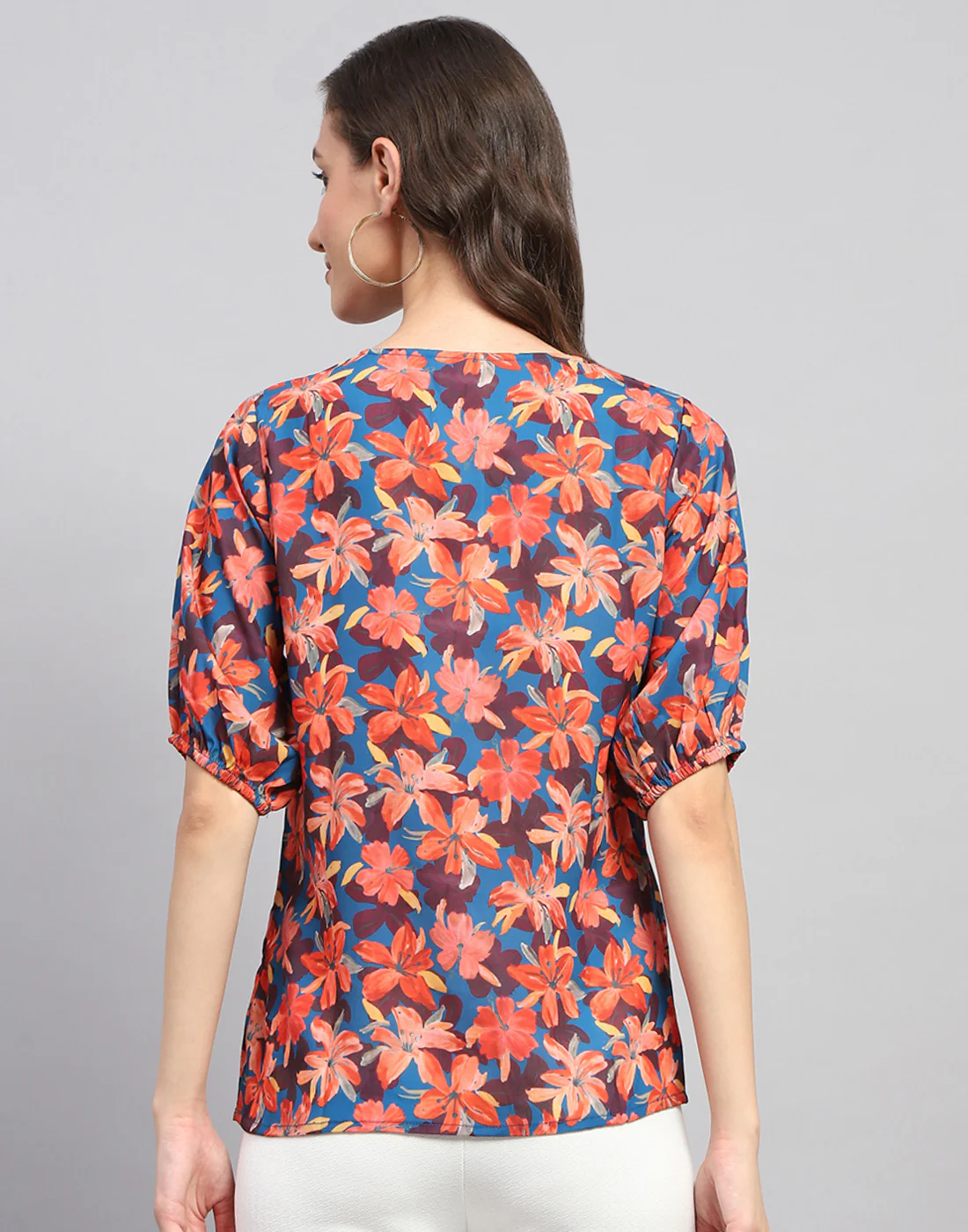 Women Blue Printed Round Neck Half Sleeve Top - Image 5