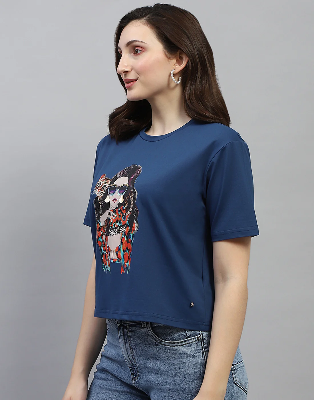 Women Blue Printed Round Neck Half Sleeve Top - Image 3