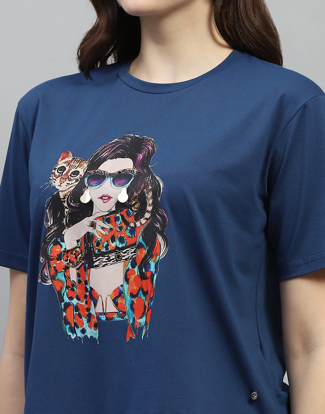 Women Blue Printed Round Neck Half Sleeve Top - Image 6
