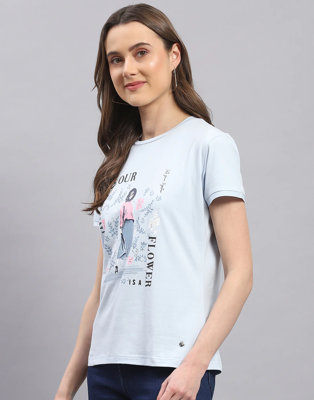 Women Blue Printed Round Neck Half Sleeve Top - Image 3
