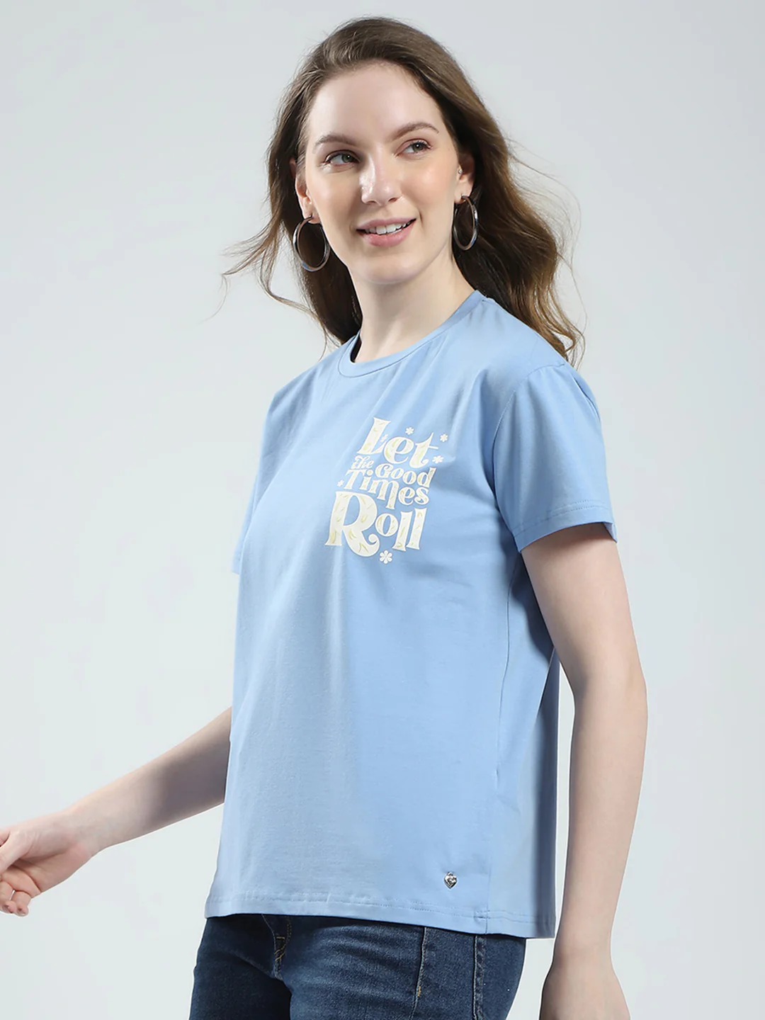 Women Blue Printed Round Neck Half Sleeve Top - Image 3