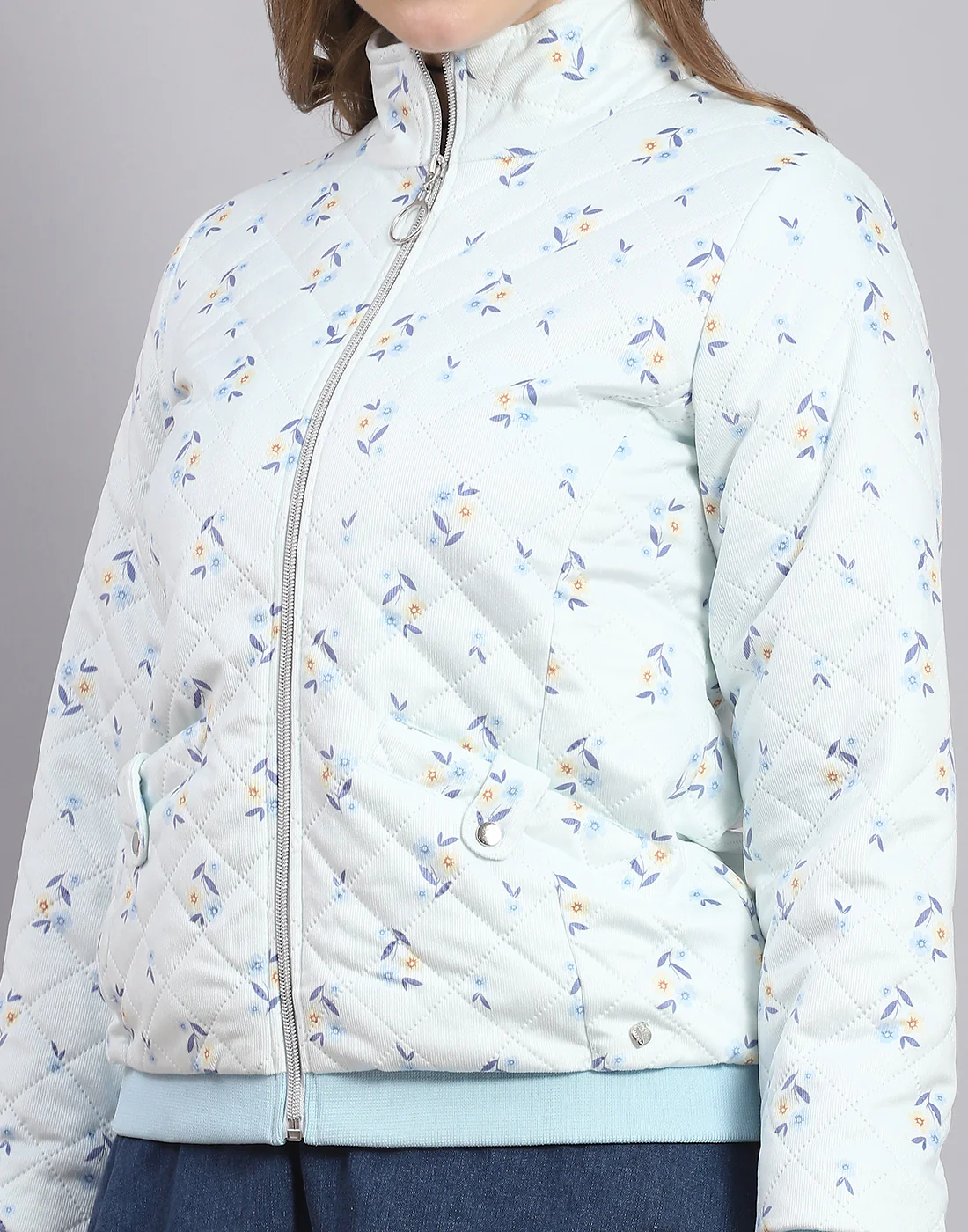 Women Blue Printed Stand Collar Full Sleeve Jacket - Image 6