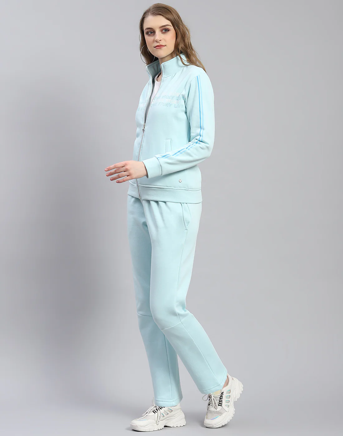 Women Blue Printed Stand Collar Full Sleeve Tracksuit - Image 3