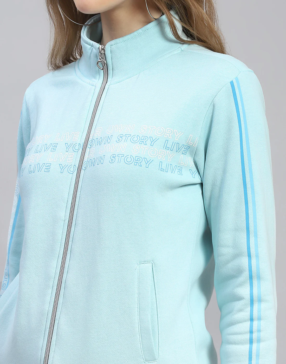 Women Blue Printed Stand Collar Full Sleeve Tracksuit - Image 6