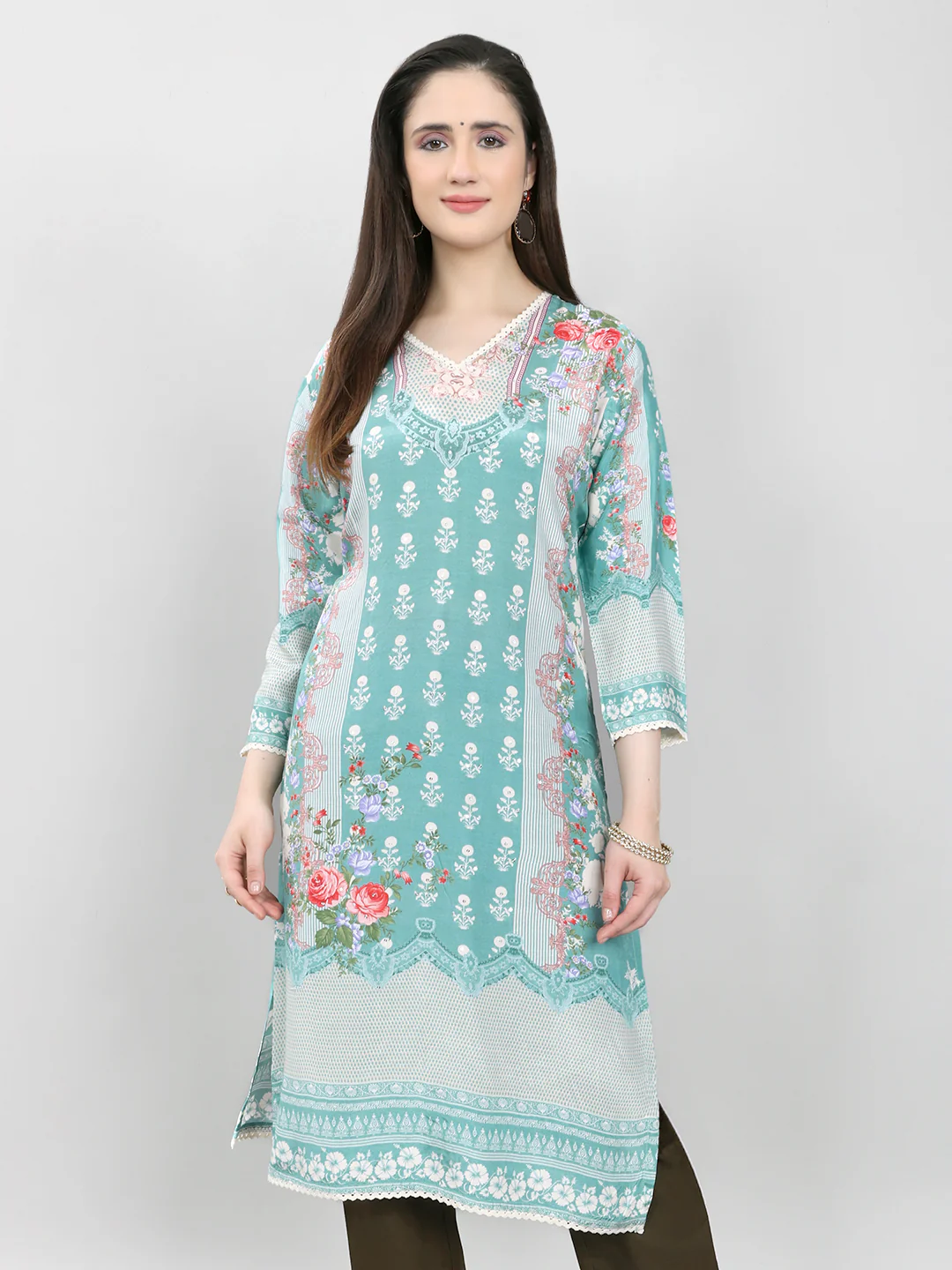 Women Blue Printed V Neck 3/4th Sleeve Kurti