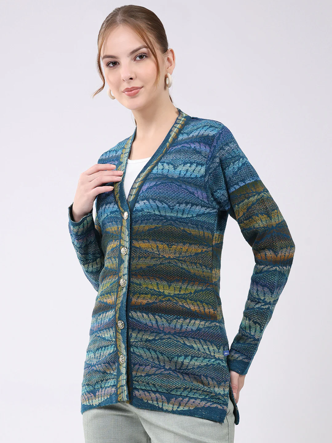 Women Blue Printed V Neck Full Sleeve Cardigan - Image 3