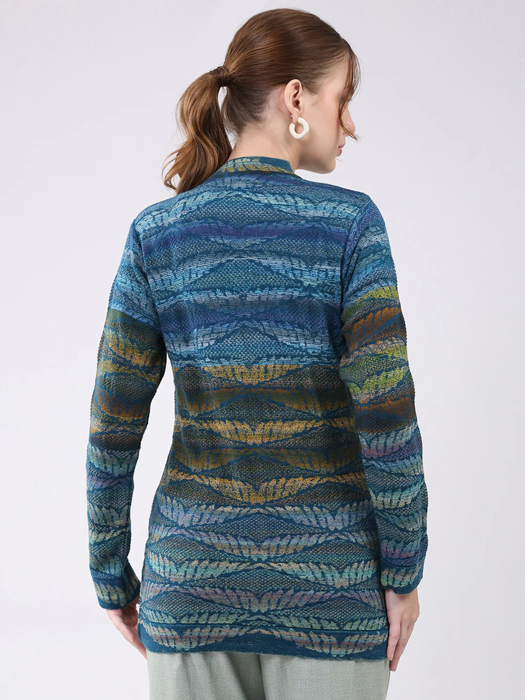 Women Blue Printed V Neck Full Sleeve Cardigan - Image 5