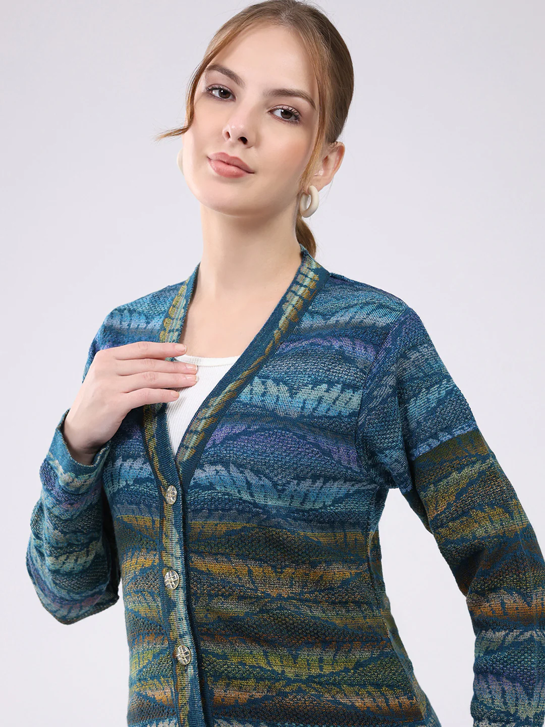 Women Blue Printed V Neck Full Sleeve Cardigan - Image 6