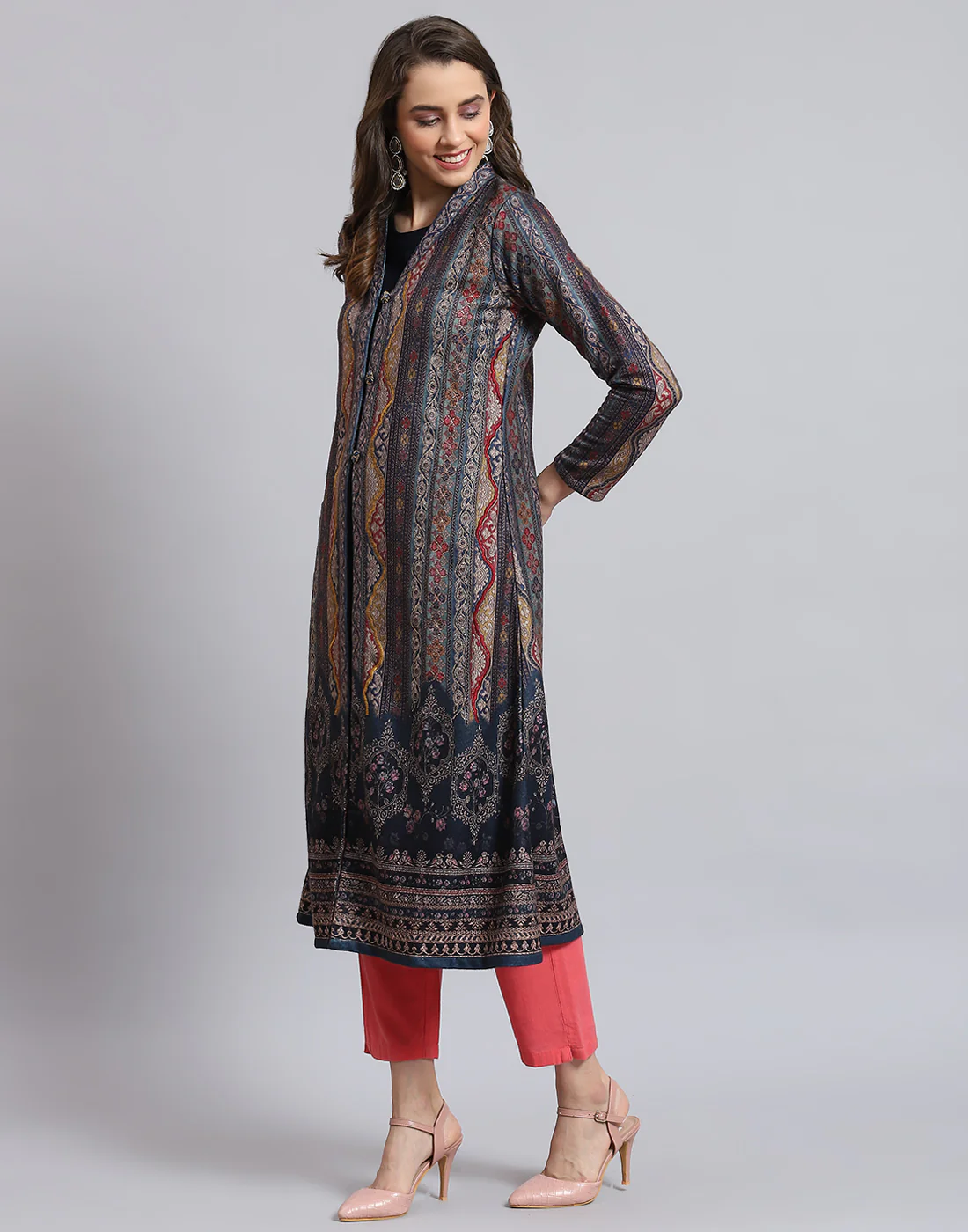 Women Teal Blue Printed V Neck Full Sleeve Kurti + Inner Set - Image 2