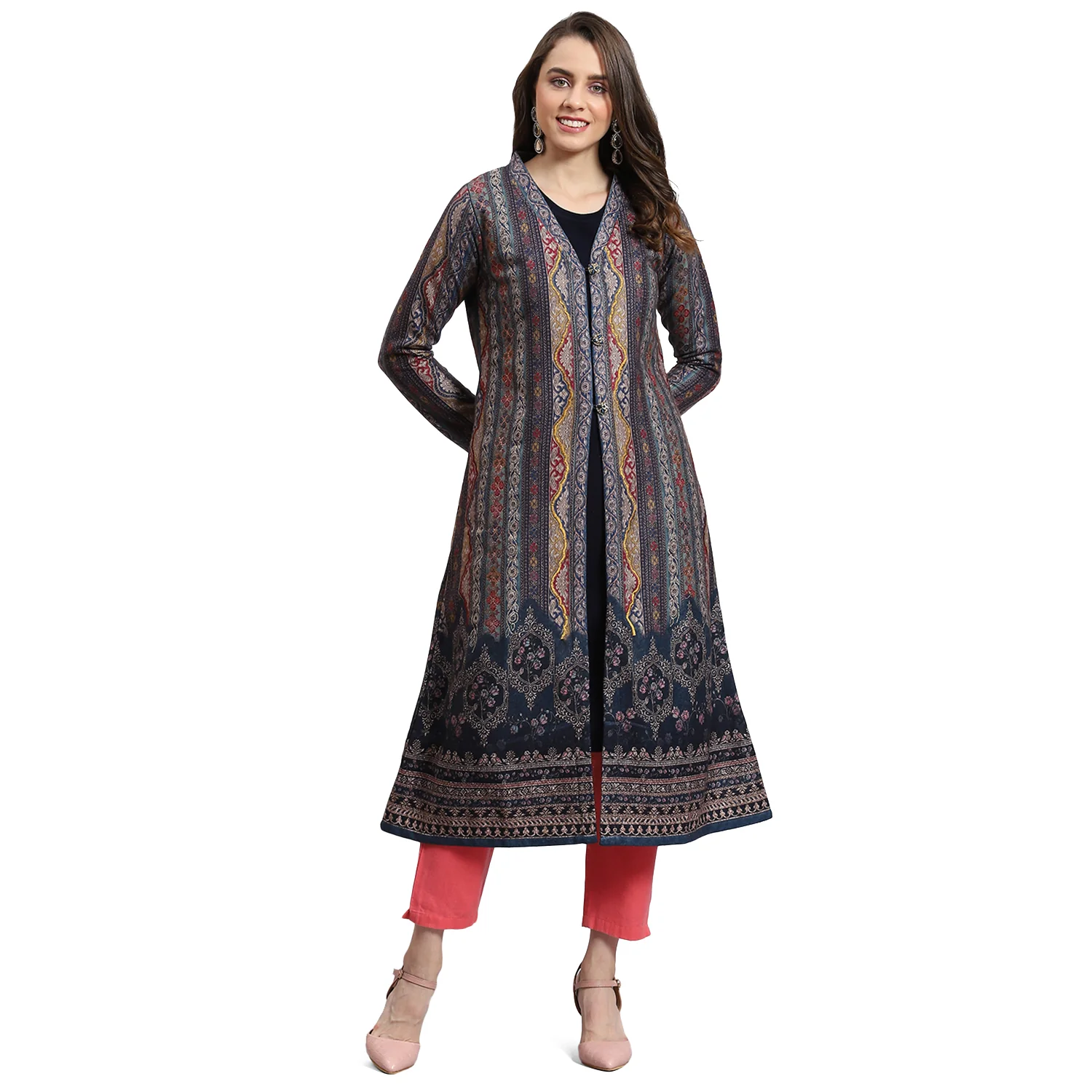 Women Teal Blue Printed V Neck Full Sleeve Kurti + Inner Set - Image 5
