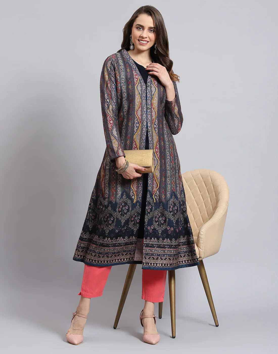 Women Teal Blue Printed V Neck Full Sleeve Kurti + Inner Set - Image 7