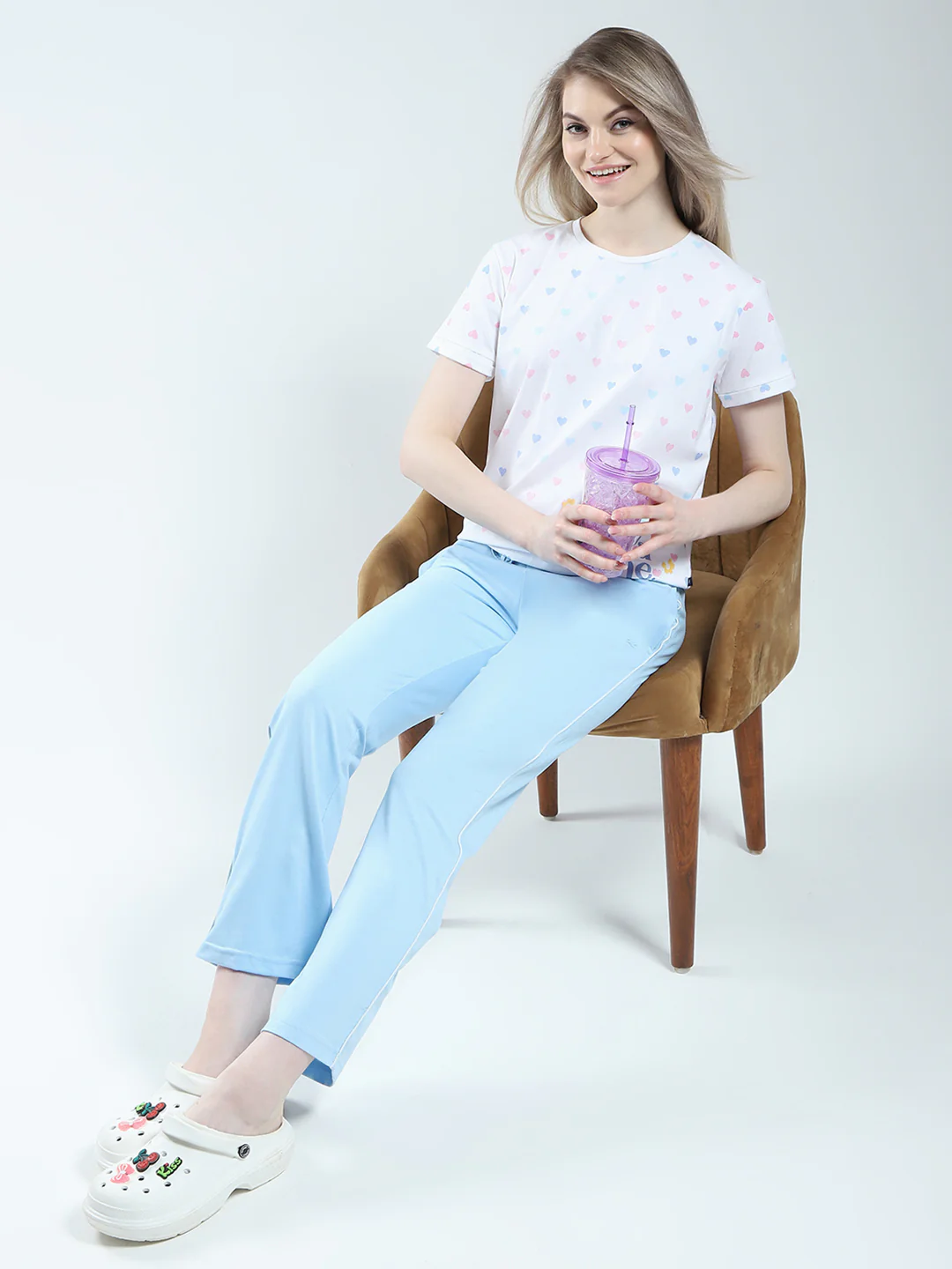 Women Blue Printed Round Neck Half Sleeve Combo Set - Image 2