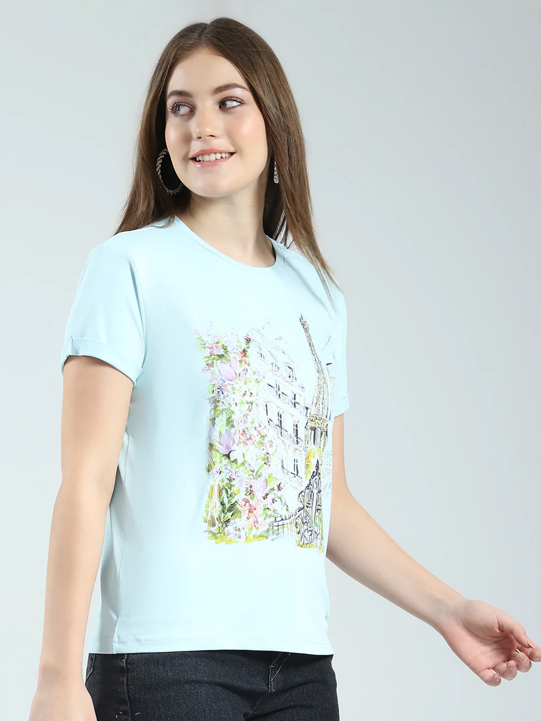 Women Blue Printed Round Neck Half Sleeve Top - Image 4
