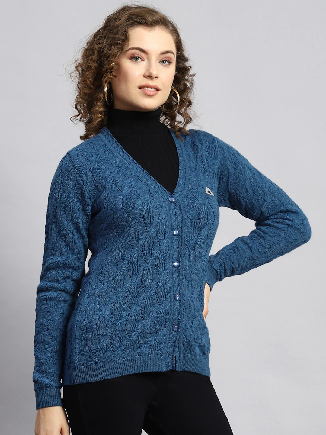 Women Blue Self Cardigan - Image 3