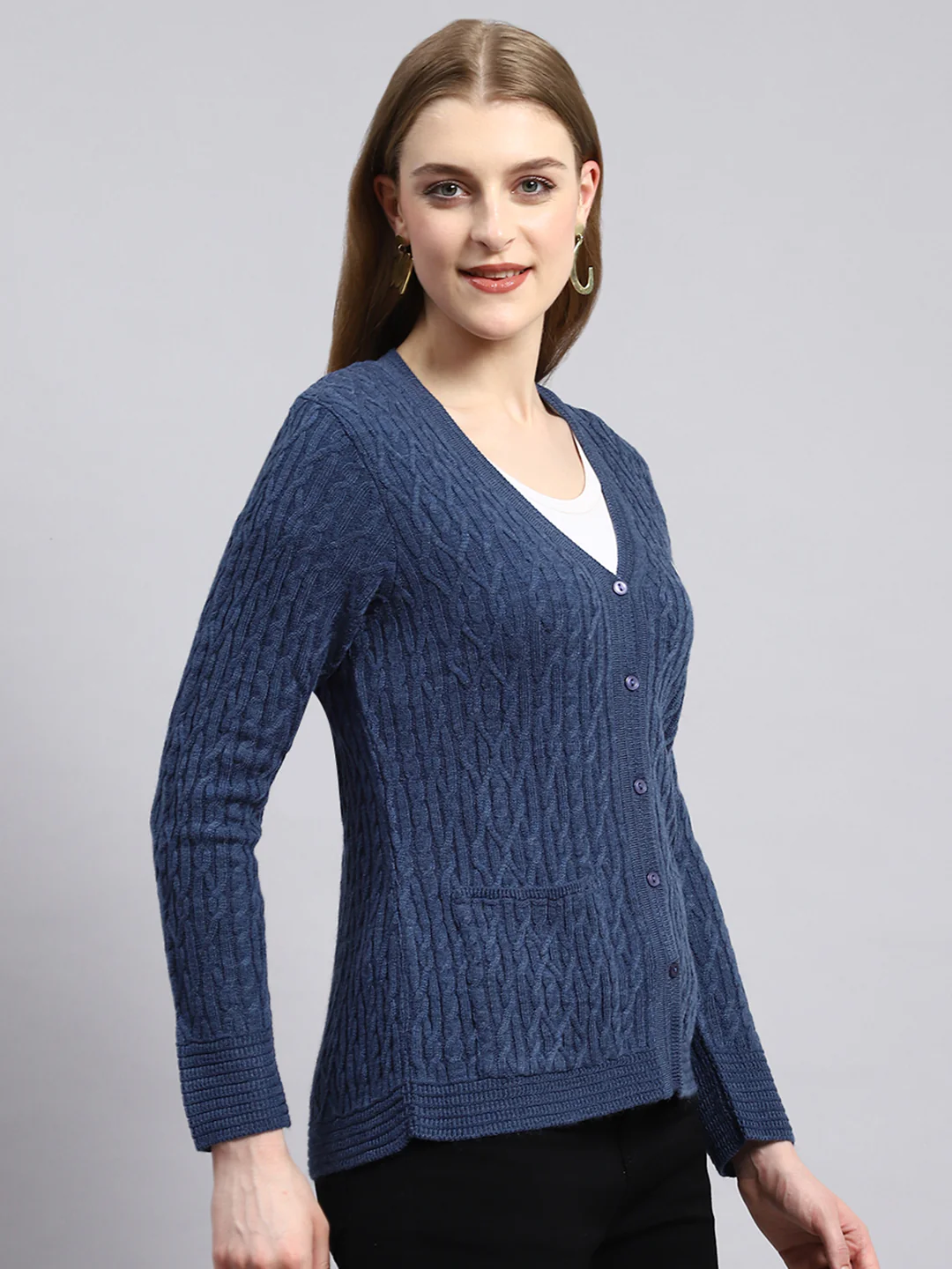 Women Blue Self Cardigan - Image 2