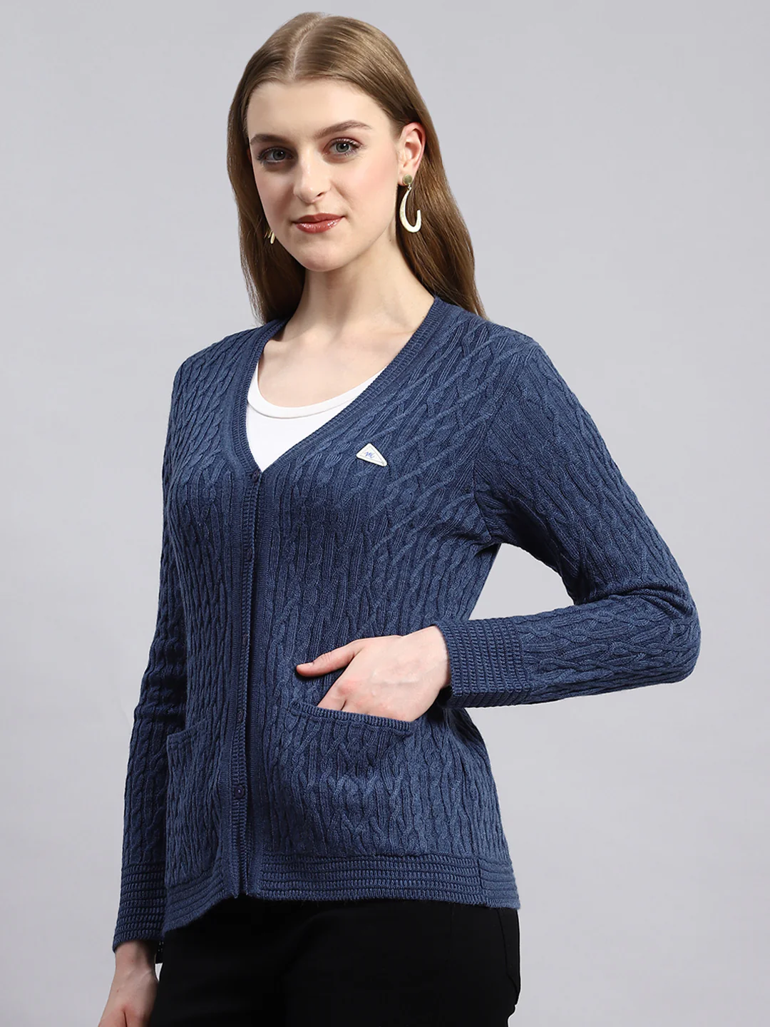 Women Blue Self Cardigan - Image 3