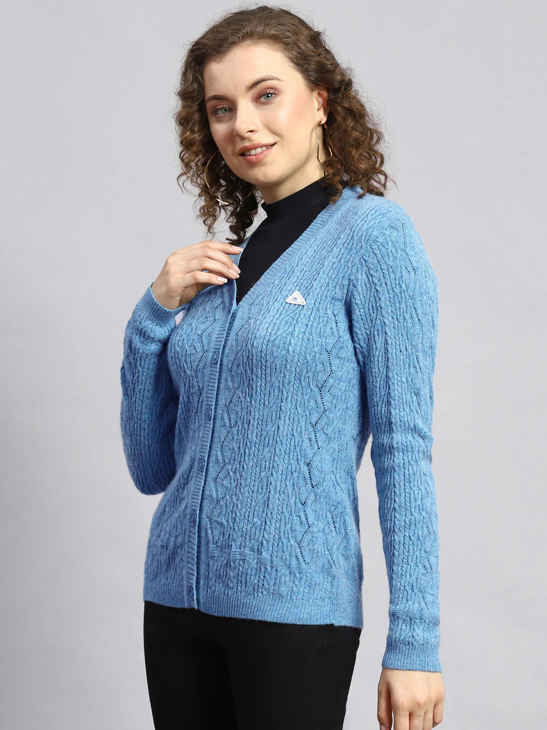 Women Blue Self Cardigan - Image 4