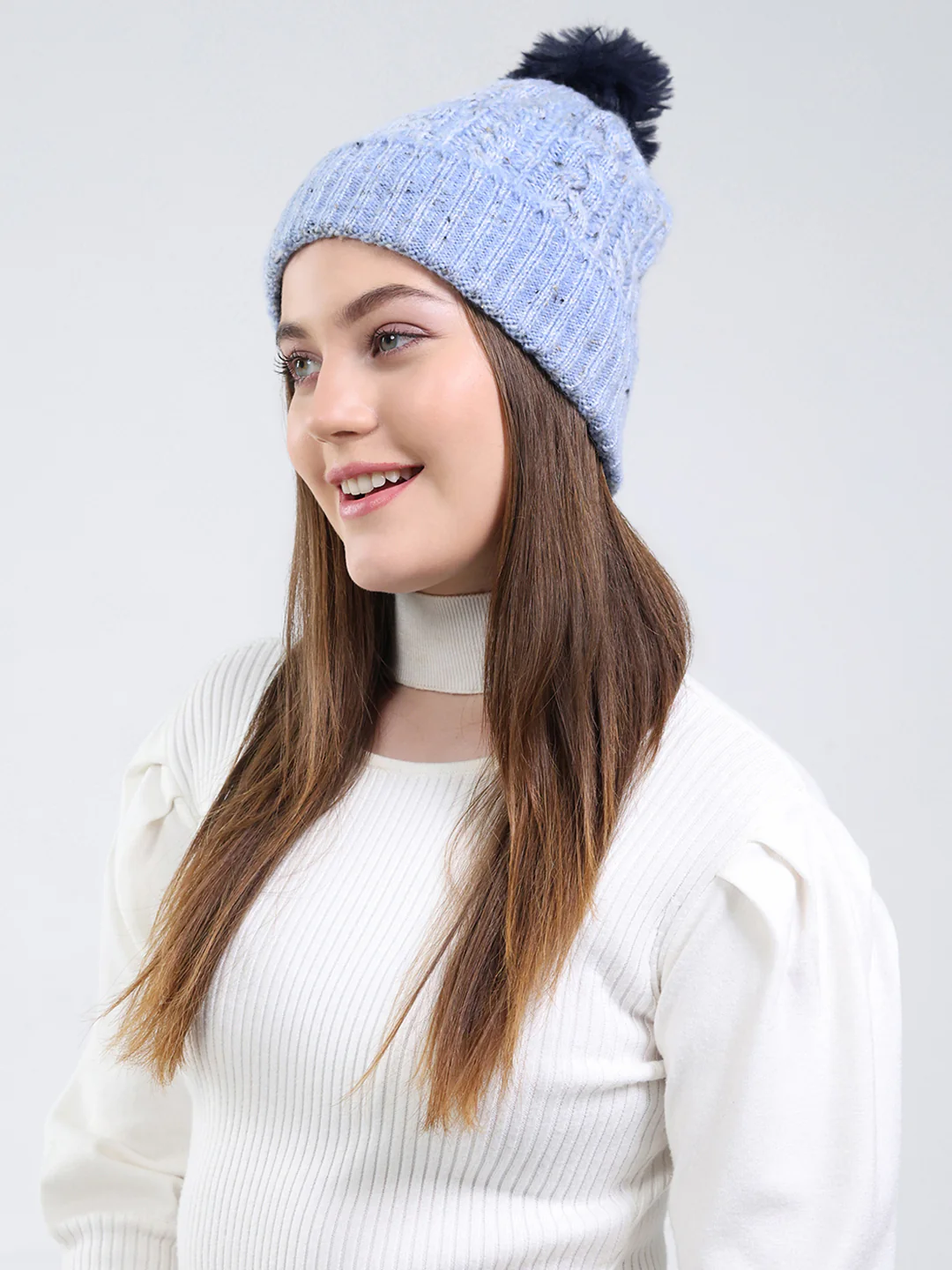Women Blue Self Design Blend Wool Cap - Image 3