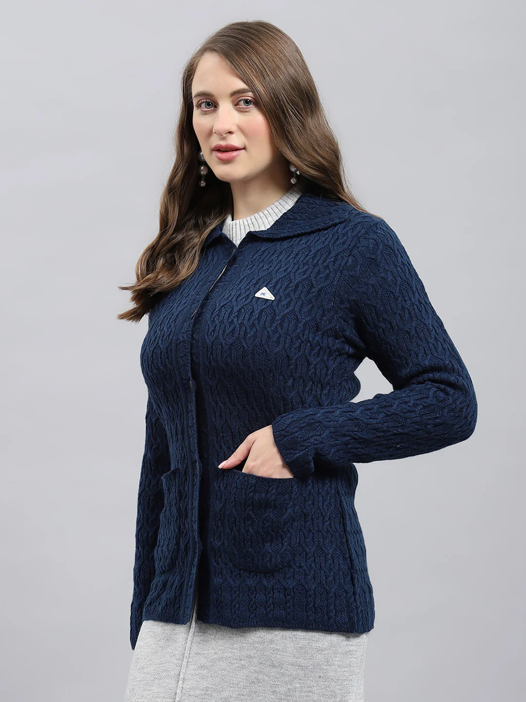 Women Blue Self Design Collar Full Sleeve Cardigan - Image 3