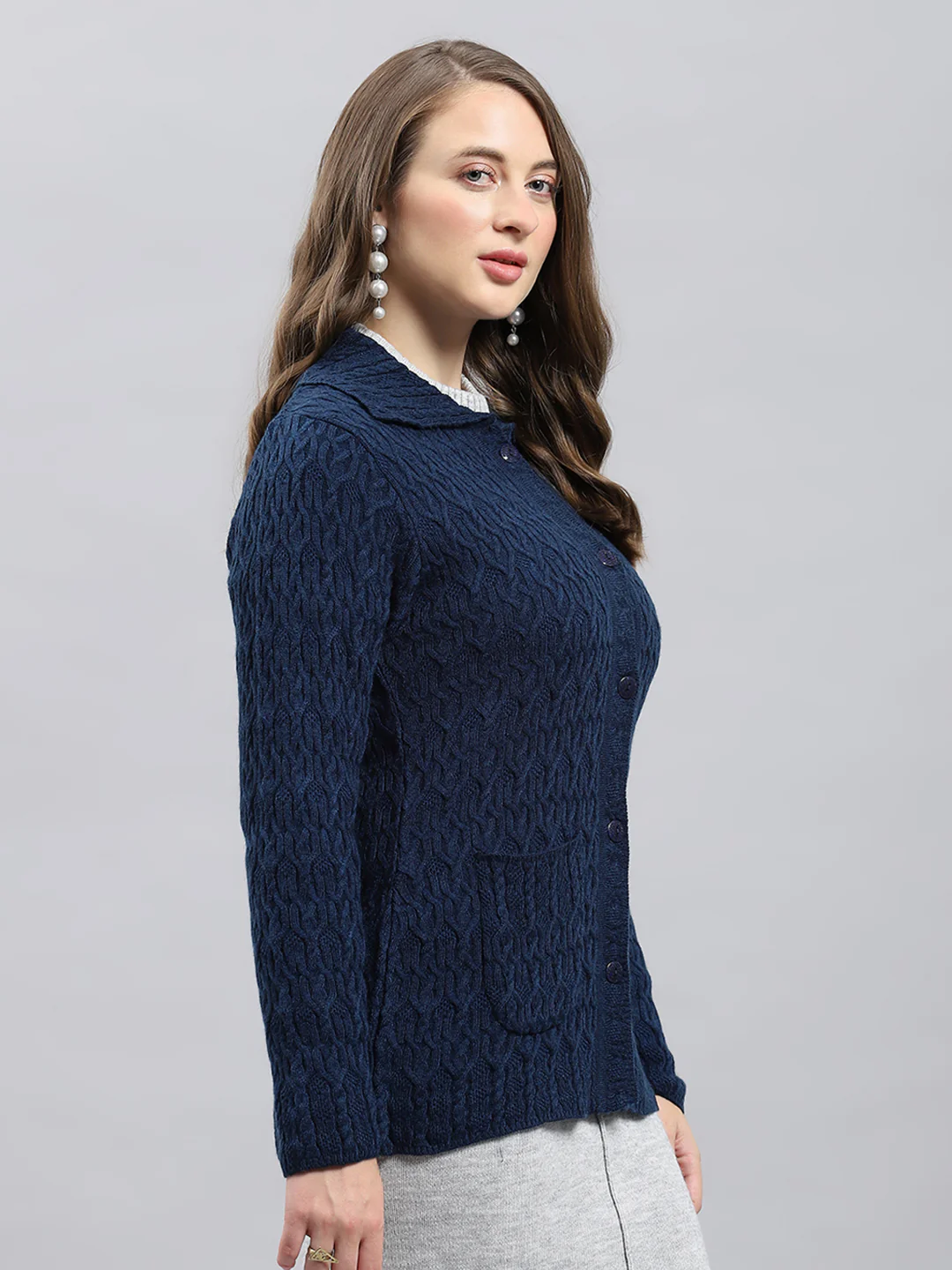 Women Blue Self Design Collar Full Sleeve Cardigan - Image 4